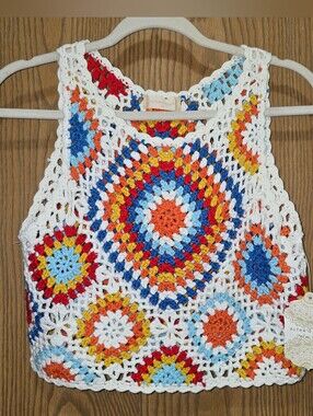 Altar'd State Crochet Crop Tank Top Granny Square Multicolor Boho Medium NWT